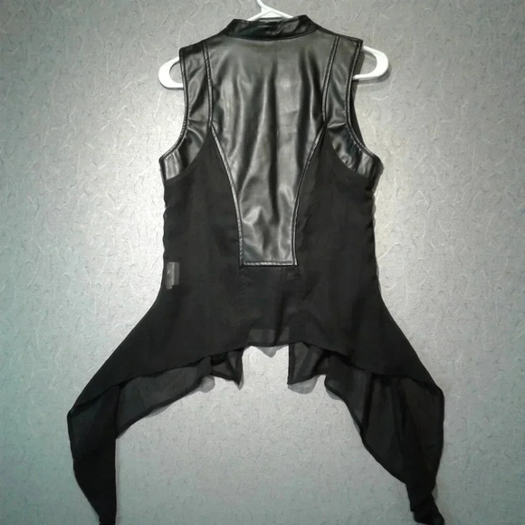 Black Sleeveless Sheer Vegan Faux Leather Moto  Vest with Tails Size M - Picture 6 of 9